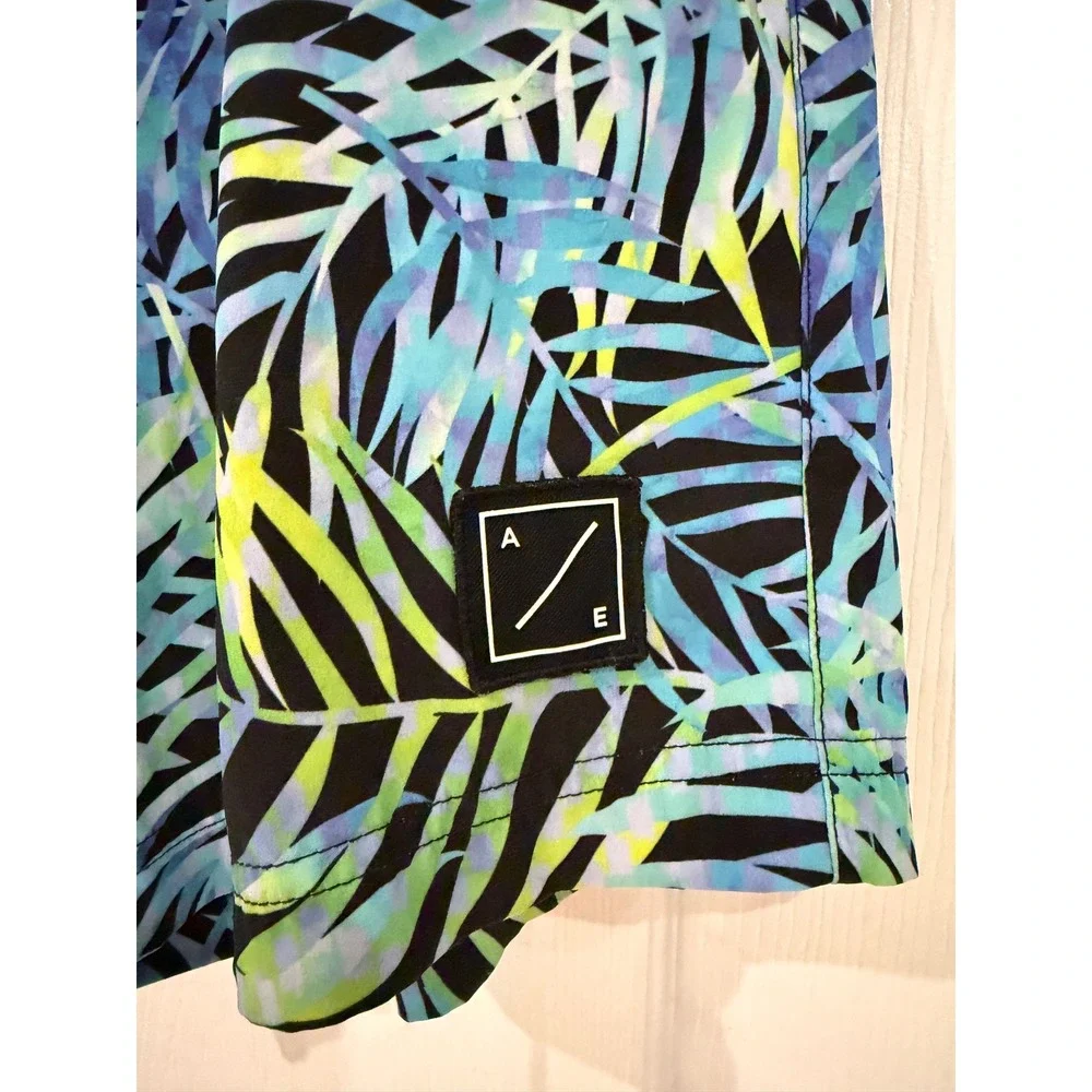 American Eagle Mens Tropical Palm Leaf Board Shorts Blue Green Swim Trunks Large